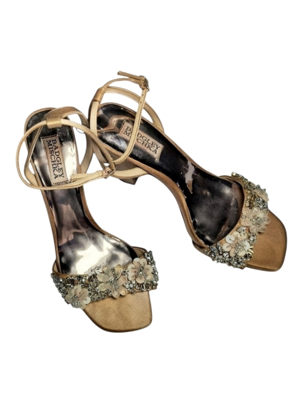 Badgley Mischka Women's Bronze Floral Embellished Ankle Strap Heels 8 1/2